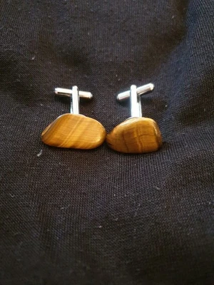 Men's Tigers Eye Cufflinks Silver Tone Bullet Back - Image 1 of 4