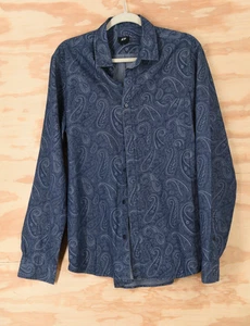 H&M Blue Paisley Long Sleeve Button Down Shirt Mens Medium 21x30 - Picture 1 of 14