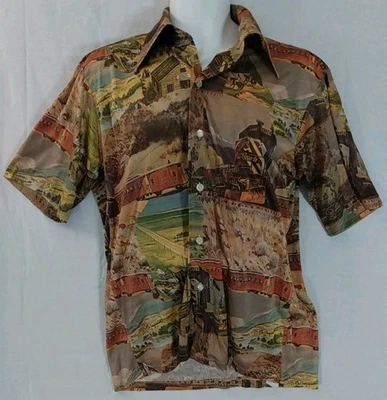 Vtg Donegal Polyester Shirt Men's L Trains Club Disco Hippie Button Up Down  - Image 1 of 4
