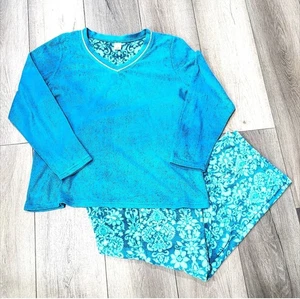 Neu mit Etikett Liz Claiborne Gr. L türkis Fleece 2-teiliges Pyjama Lounge-Set Kordelzug M60 - Bild 1 von 6