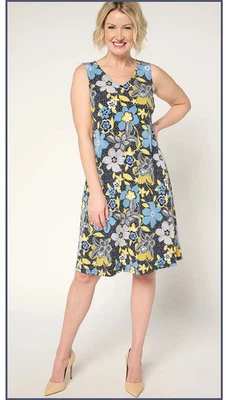 Susan Graver 液体针织无袖 V 领连衣裙 - 女式 XL - 花卉圆点蓝色 — 第 1/2 张图片