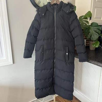 Chaqueta Andrew Marc Mujer S Negra Imitación Piel Capucha Larga Puffer Parka Abrigo de Invierno Foto 1 de 4