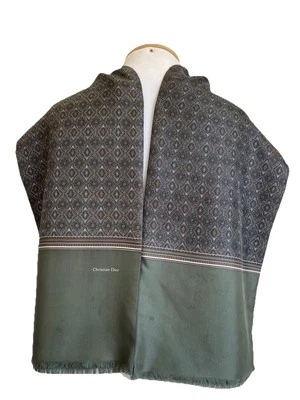 Christian Dior винтажный шелковый шарф оливковый геометрический принт логотип бахрома #A13 - Изображение 1 из 4