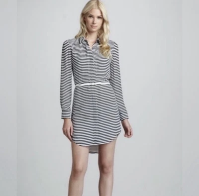 Theory Drula Striped Silk Shirt Dress Black & White Size 8 - Image 1 of 4