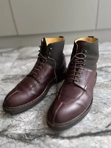 Heschung Ginkgo Brown Pebble Grain Leather Canvas Split Toe Dress Boots 9 - Picture 1 of 15