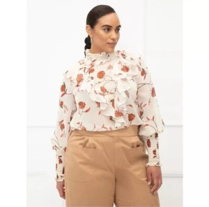 NWT Eloquii Elements Ruffle Floral Chiffon Cream Long Sleeve Blouse Size 20 - Picture 1 of 9