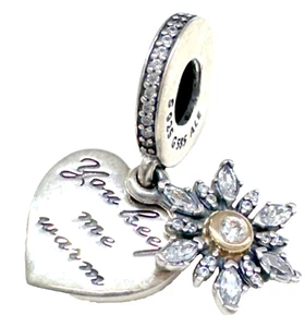 Pandora Retired Sterling Silver and 14K Gold Snowflake Heart Dangle 792012CZ - Picture 1 of 7