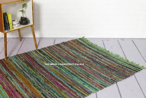 Green Fleece Chindi Striped Cotton Rag Rug 105 x 170 cm Shabby Scandi Indian Mat - Picture 1 of 4