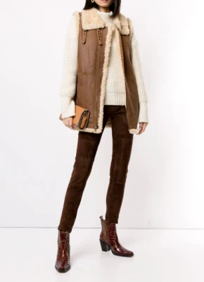 POLO RALPH LAUREN RRL Suede Leather Shearling Gilet Bomber Vest Womens Large NWT - Image 1 of 4