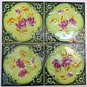 Antique Tile Majolica Art Nouveau Purple Rose Flower England Porcelain Decor# 12