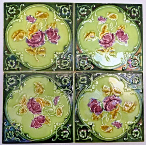 Antique Tile Majolica Art Nouveau Purple Rose Flower England Porcelain Decor# 12 Cover