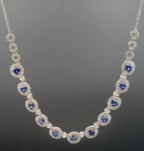 RARE Blue and White Sapphires Halo Sterling Silver Necklace adjust 16 to 18 in - Picture 1 of 20