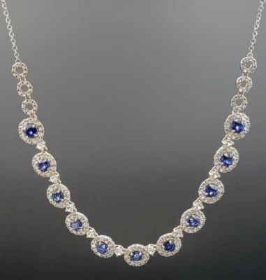 RARO Collar de Plata Esterlina con Halo de Zafiros Azules y Blancos Ajuste de 16 a 18 pulgadas Foto 1 de 4