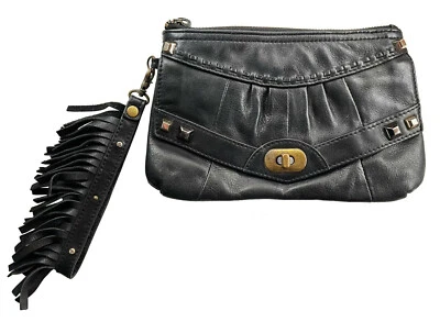 HAYDEN HARNETT Clutch Handbag Wristlet Soft Black Leather Stud & Fringed Accents - Image 1 of 4