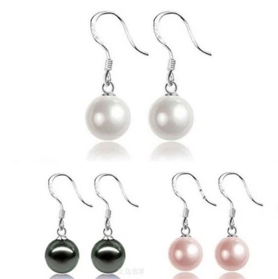 Classic 925 Sterling Silver 10mm Sea Shell Pearl Drop Hoop Earrings Gift Box C6 - Image 1 of 4