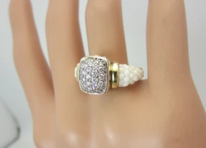 Lagos Caviar White Ceramic Sterling Silver 18K Gold Pave' Diamond Ring - Picture 1 of 13