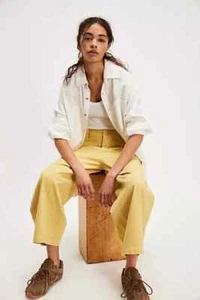 Free People We The Free Laydown Chino Pants Button Butter Yellow Cropped M 10 - Picture 1 of 9