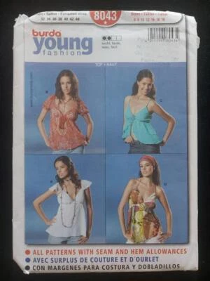 8043 Burda Young Misses Tops & Halter Style Tops Pattern Size 6-18 Rated  Easy - Image 1 of 2