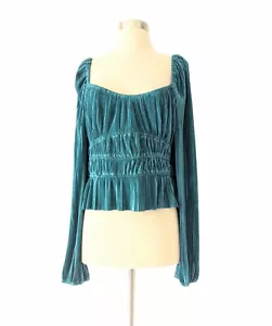 ASTR THE ETIKETT ""Ziva Plisse"" Top Bluse gesmockt langärmelig gerippt blaugrün XL - Bild 1 von 9