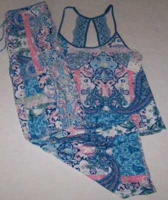 NWT In Bloom by Jonquil BLUE/PINK/WHITE TILE Slinky Knit Pajama Set L LACE Trim - Image 1 of 4