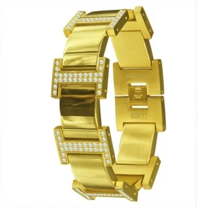 Men's Icy Custom White Cz 14K Yellow Gold Over Stainless Steel "Tidal" Bracelet  - Picture 1 of 3