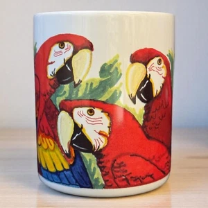 Taza vintage 1992 Angelitos J Siri guacamayos rojos cerámica café tropical pájaro té - Imagen 1 de 6
