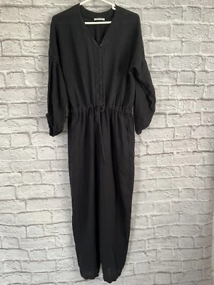 Black Crane S Black Jumpsuit 100% Linen Puffed Sleeves Relaxed Drawstring Waist - Image 1 of 4