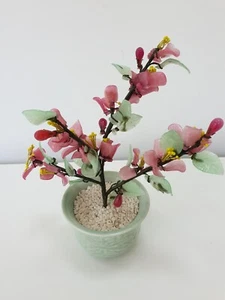 Vintage Bonsai Rose Quartz & Jade Stone Tree 9" x 7" - Picture 1 of 13