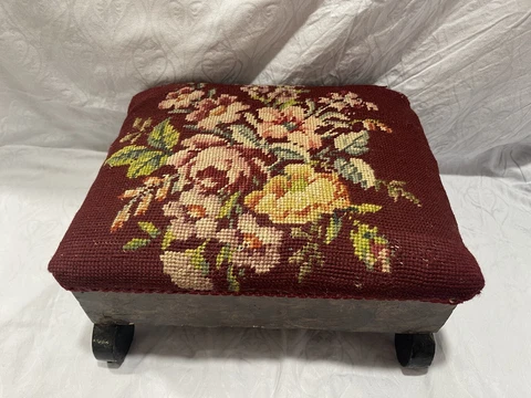 Antique Victorian Needlepoint Foot Stool Ottoman Burgundy Red Floral French Cover