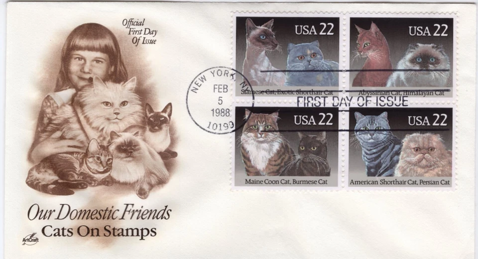 USPS FDC #2372-75 1988 22¢ Cats Block of 4 ArtCraft ST2454 - Image 1 of 2
