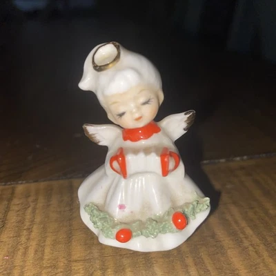 Estatueta miniatura de anjo e acordeão de Natal 2" osso vintage - Imagem 1 de 4