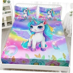 Kid Unicorn Fitted Sheet Set Size Rainbow Flower Star Pattern Queen D-unicorn2 - Picture 1 of 7