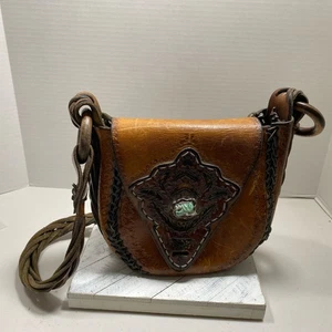 Vintage Saddlebag Leather Boho Purse, Bag, Turquoise, Silver, Feathers, Wood, - Picture 1 of 24