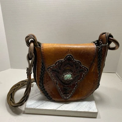 Vintage Saddlebag Leather Boho Purse, Bag, Turquoise, Silver, Feathers, Wood, - Image 1 of 4