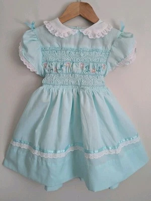 Vestido de fiesta vintage Polly Flinders calado a mano para niñas 4T aguamarina pastel manga abullonada Foto 1 de 4