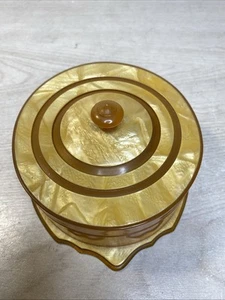 VTG Art Deco Celluloid Powder Box  Amber Color Base Peach Lid With Finial Marked - Picture 1 of 24
