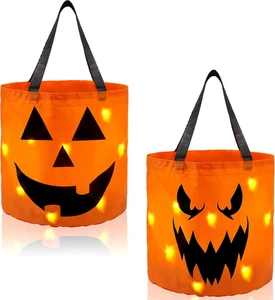 JOYIN 2 PCS Halloween Trick or Treat Bags 10 X 11.8 Inches LED Light Orange Pump - Picture 1 of 8