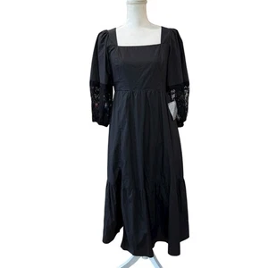 ASTR The Label Black Square Neck Puff Sleeve Lace Trim Midi Dress Slit Size L - Picture 1 of 13