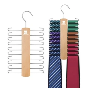 2 Pack Wooden Tie Rack 40 Non-Slip Hooks Rotatable Closet Tie Hanger Organizer - Picture 1 of 6
