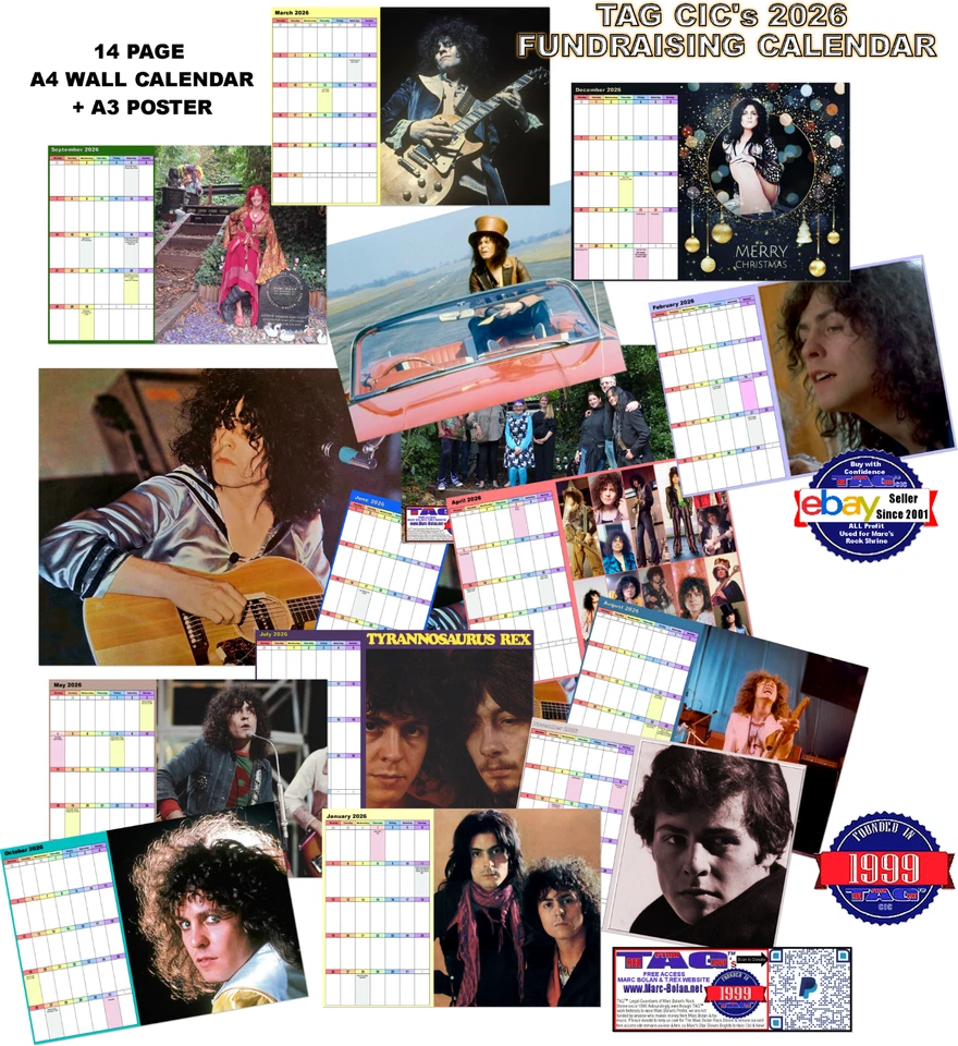 T.REX 14-PAGE 2026 WALL CALENDAR & A3 POSTER - A MARC BOLAN SHRINE FUNDRAISER - Image 1 of 4