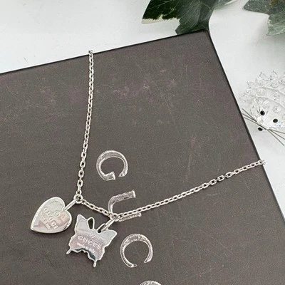 GUCCI Heart  Butterfly Pendant Necklace Sterling Silver W/Box Japan F/S NM - Image 1 of 4