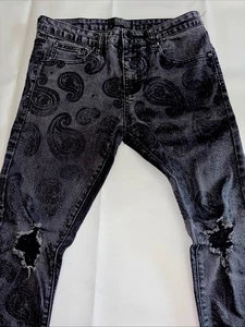 THRT Jeans Mens 32 Slim Fit Black 32x30 Paisleys Distressed Denim - Picture 1 of 8