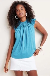 Anthropologie Ranna Gill Freya Ruffle Neck Top Sz XS Blue Lace Trim New $68 Tag - Picture 1 of 7