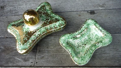 Caja de baratijas y plato vintage YONA California Pottery MCM oro blanco verde usado en excelente estado raro Foto 1 de 4