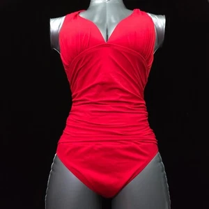 RALPH LAUREN WOMENS 1 PIECE HALTER SWIMSUIT -10- RED STRETCH SLIMMING FIT -NEW - Picture 1 of 13