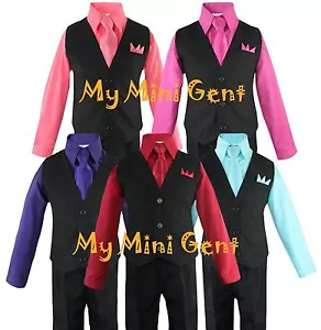 My Mini Gent Boys 4PC Solid Black Vest Suit Set Many Colors Vest Pants Shirt Tie - Picture 1 of 12