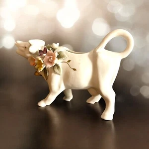 Arnart 5th Ave Porcelain Bisque Cow Pitcher & Applied Porcelain Flowers, Rare - Picture 1 of 9