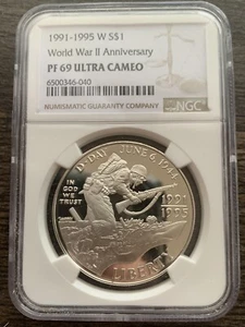 1991-1995 W W.W.II $1 NGC PF 69 Ultra Cameo Silver Proof Commemorative Dollar - Picture 1 of 6