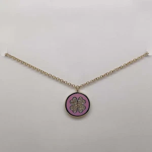 Collar Trébol Oro Amarillo 14K Diamante Esmalte Rosa Colgante Disco Redondo Natural - Imagen 1 de 4