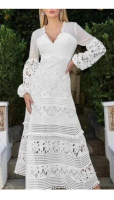 Boston Proper White Lace Eyelet Pom Midi Maxi Dress sz. Large 3/4 sleeve NEW - Image 1 of 4